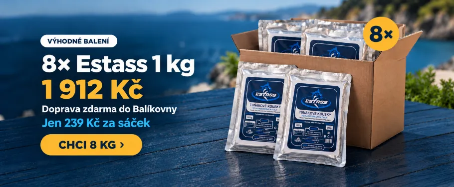 Výhodné balení 8× tuňák Estass 1 kg za 1 912 Kč, doprava zdarma do Balíkovny